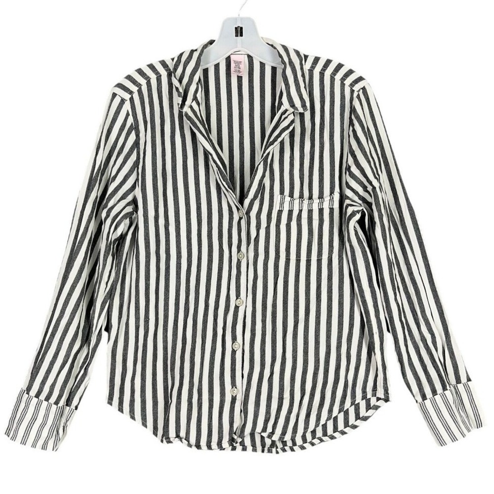 Victorias Secret‎ Striped Button Down Shirt S Black White Classic Pajama Style